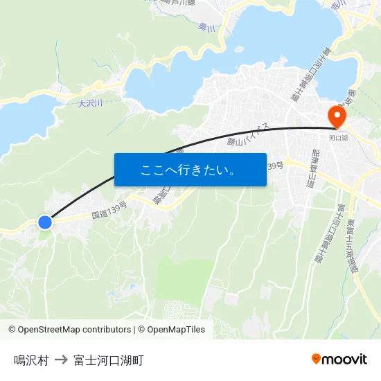 鳴沢村 to 富士河口湖町 map