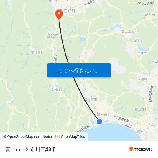 富士市 to 市川三郷町 map