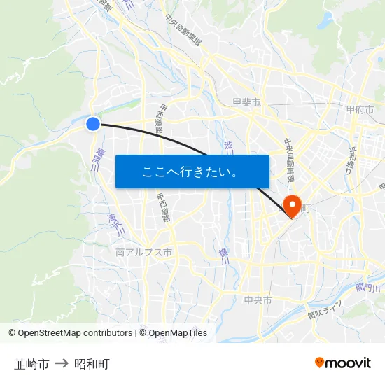 韮崎市 to 昭和町 map