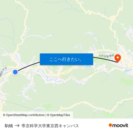 駒橋 to 帝京科学大学東京西キャンパス map