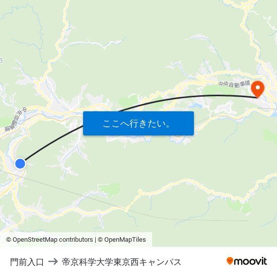 門前入口 to 帝京科学大学東京西キャンパス map