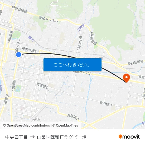 中央四丁目 to 山梨学院和戸ラグビー場 map
