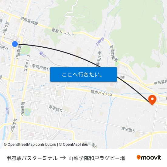 甲府駅バスターミナル to 山梨学院和戸ラグビー場 map