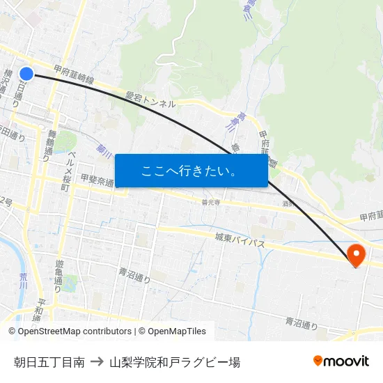 朝日五丁目南 to 山梨学院和戸ラグビー場 map