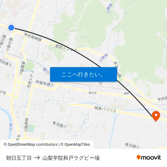 朝日五丁目 to 山梨学院和戸ラグビー場 map