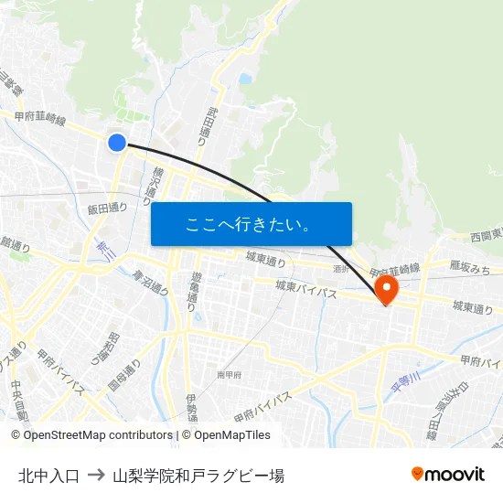 北中入口 to 山梨学院和戸ラグビー場 map
