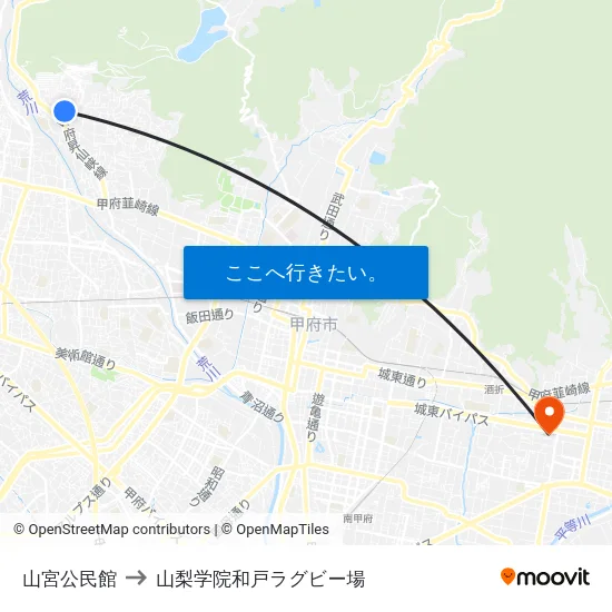 山宮公民館 to 山梨学院和戸ラグビー場 map