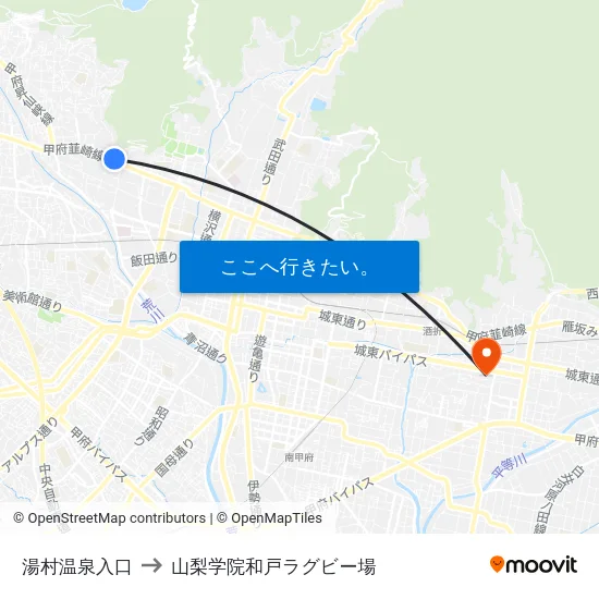 湯村温泉入口 to 山梨学院和戸ラグビー場 map