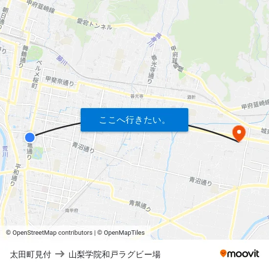 太田町見付 to 山梨学院和戸ラグビー場 map