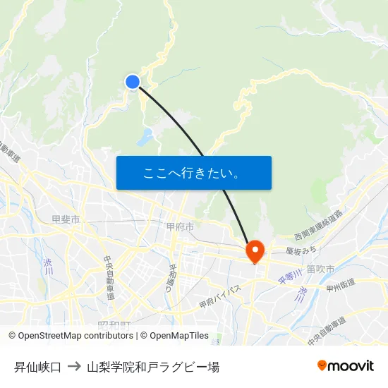 昇仙峡口 to 山梨学院和戸ラグビー場 map