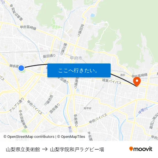 山梨県立美術館 to 山梨学院和戸ラグビー場 map