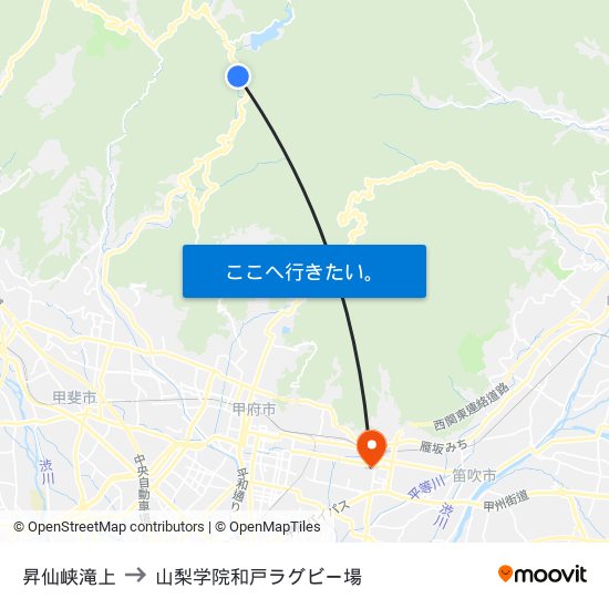 昇仙峡滝上 to 山梨学院和戸ラグビー場 map
