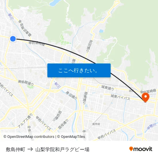 敷島仲町 to 山梨学院和戸ラグビー場 map