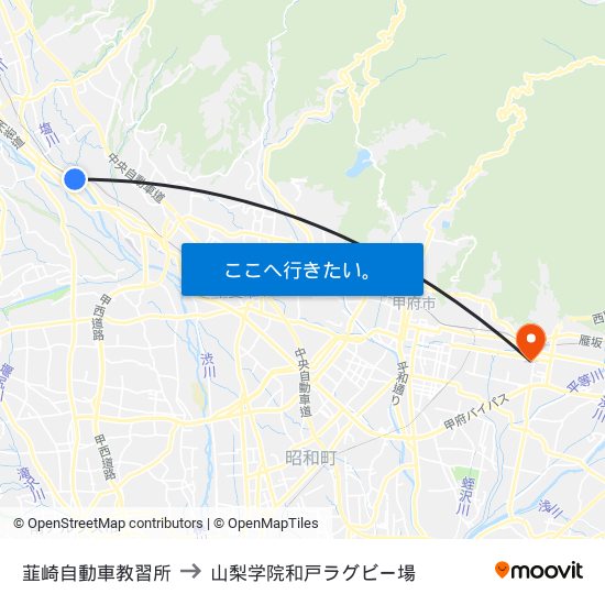 韮崎自動車教習所 to 山梨学院和戸ラグビー場 map