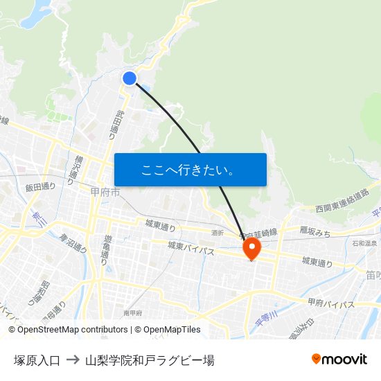 塚原入口 to 山梨学院和戸ラグビー場 map