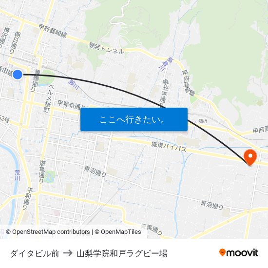 ダイタビル前 to 山梨学院和戸ラグビー場 map