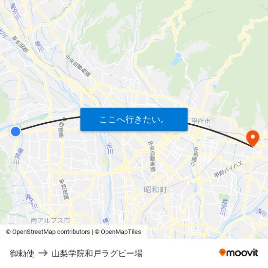 御勅使 to 山梨学院和戸ラグビー場 map