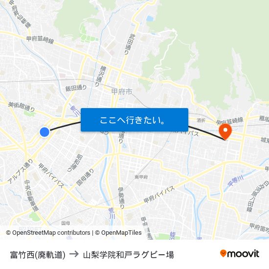 富竹西(廃軌道) to 山梨学院和戸ラグビー場 map