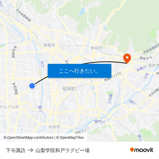 下今諏訪 to 山梨学院和戸ラグビー場 map