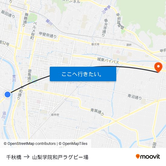 千秋橋 to 山梨学院和戸ラグビー場 map