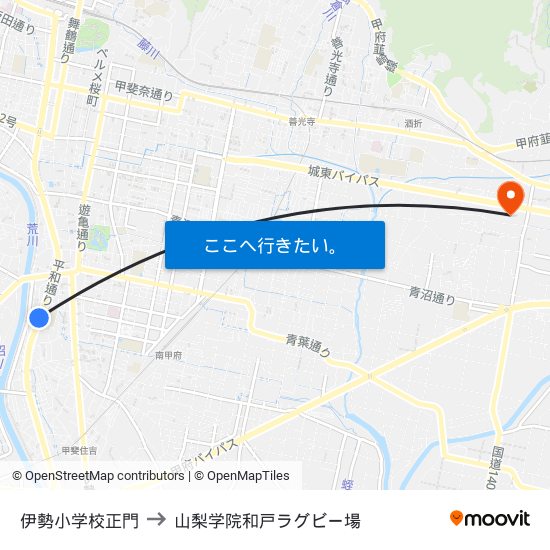 伊勢小学校正門 to 山梨学院和戸ラグビー場 map