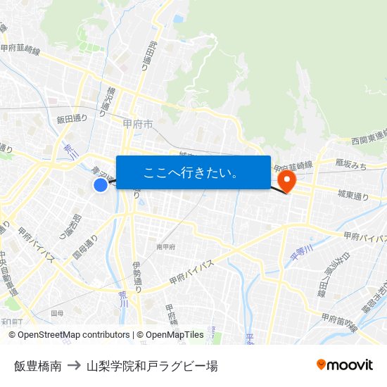 飯豊橋南 to 山梨学院和戸ラグビー場 map