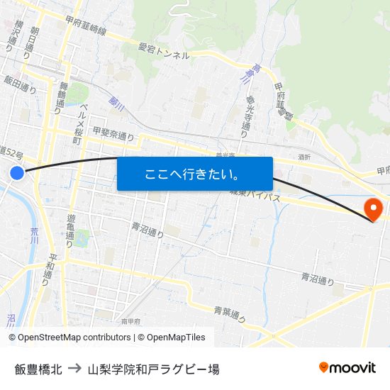 飯豊橋北 to 山梨学院和戸ラグビー場 map