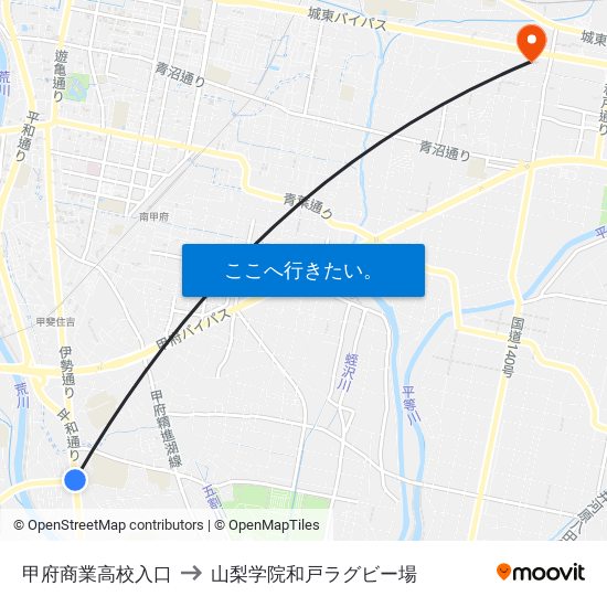 甲府商業高校入口 to 山梨学院和戸ラグビー場 map