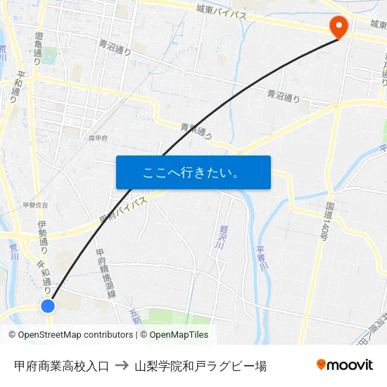 甲府商業高校入口 to 山梨学院和戸ラグビー場 map