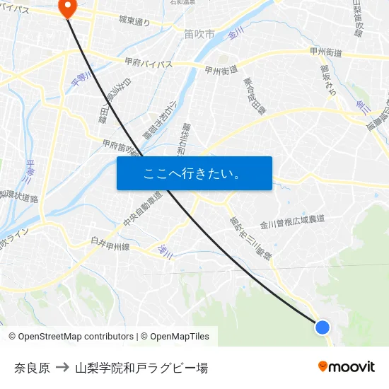 奈良原 to 山梨学院和戸ラグビー場 map