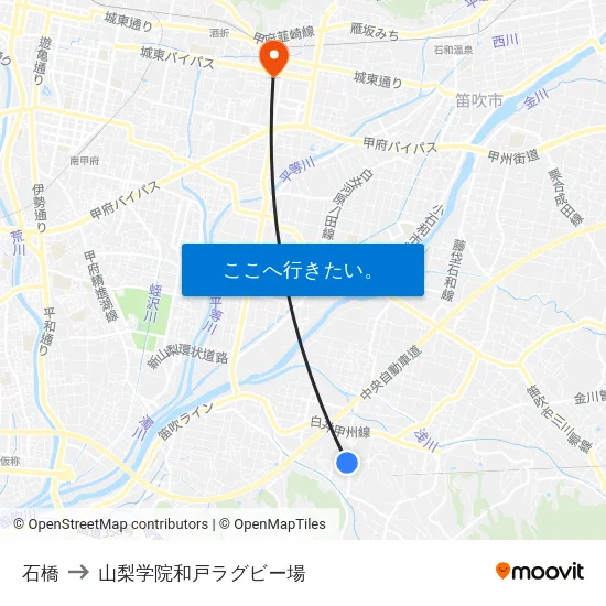 石橋 to 山梨学院和戸ラグビー場 map