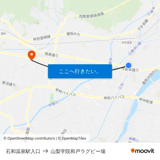 石和温泉駅入口 to 山梨学院和戸ラグビー場 map