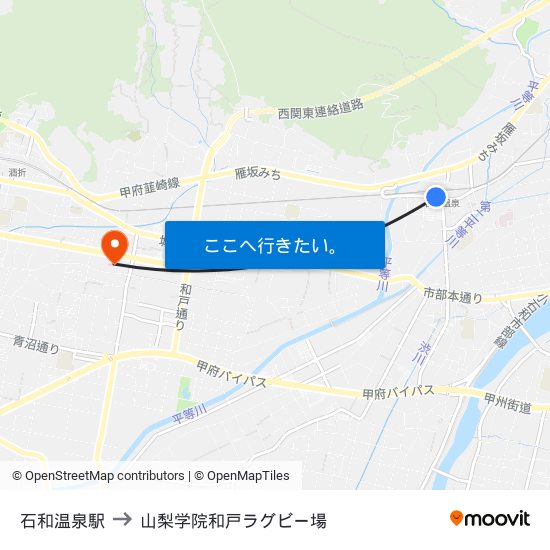 石和温泉駅 to 山梨学院和戸ラグビー場 map