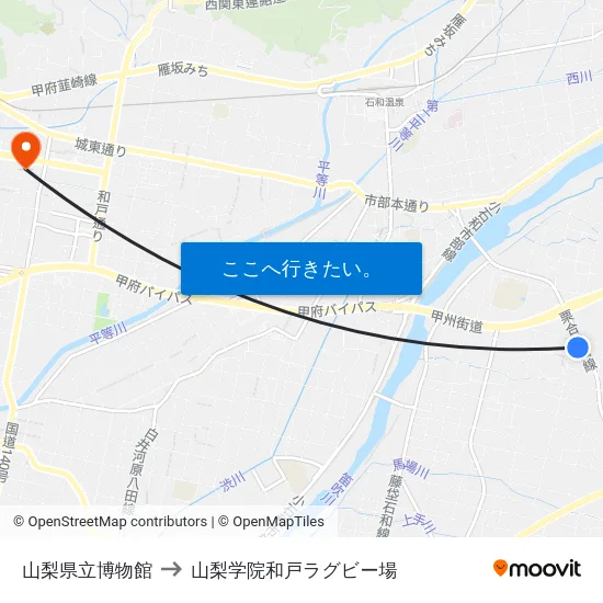 山梨県立博物館 to 山梨学院和戸ラグビー場 map