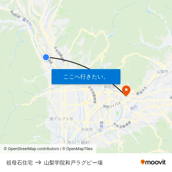 祖母石住宅 to 山梨学院和戸ラグビー場 map