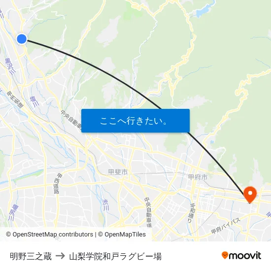 明野三之蔵 to 山梨学院和戸ラグビー場 map
