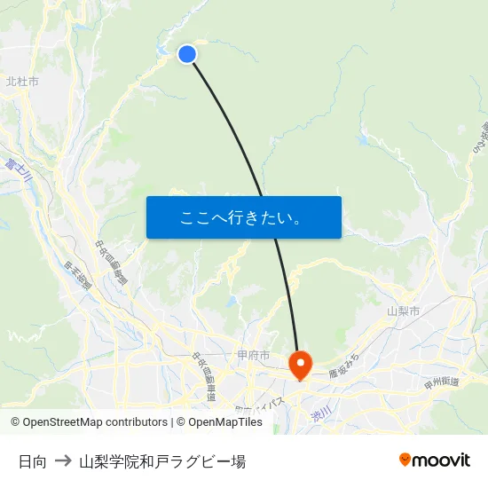 日向 to 山梨学院和戸ラグビー場 map