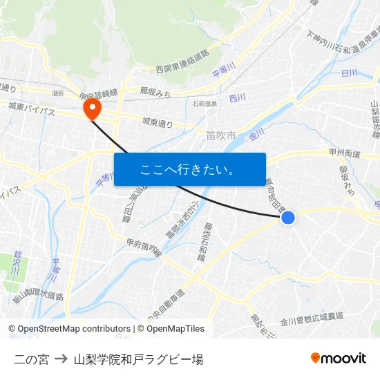 二の宮 to 山梨学院和戸ラグビー場 map