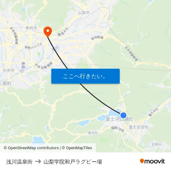 浅川温泉街 to 山梨学院和戸ラグビー場 map