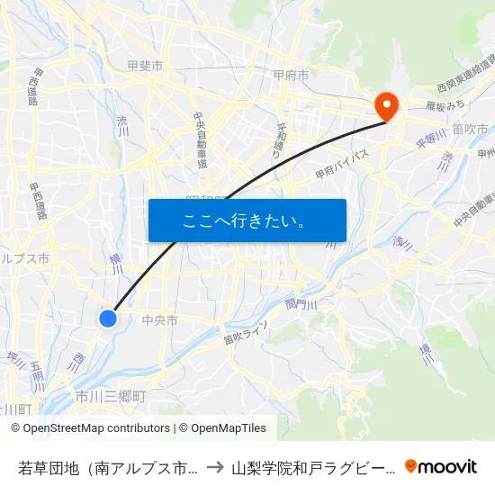 若草団地（南アルプス市） to 山梨学院和戸ラグビー場 map