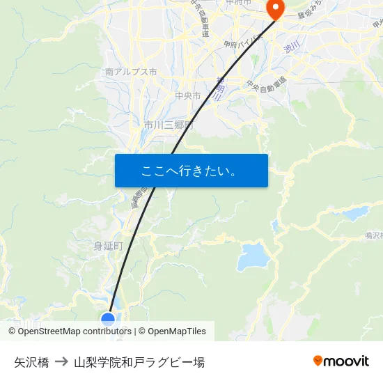 矢沢橋 to 山梨学院和戸ラグビー場 map