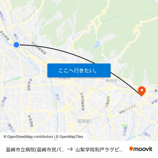 韮崎市立病院(韮崎市民バス) to 山梨学院和戸ラグビー場 map