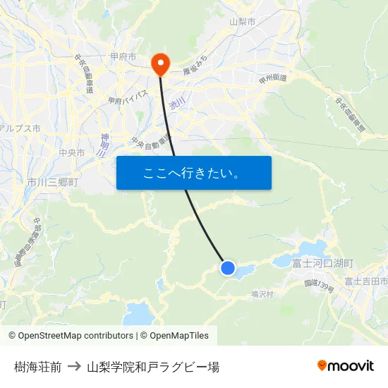 樹海荘前 to 山梨学院和戸ラグビー場 map