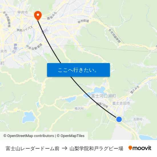 富士山レーダードーム前 to 山梨学院和戸ラグビー場 map