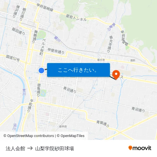 法人会館 to 山梨学院砂田球場 map