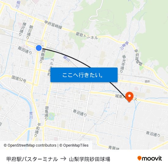 甲府駅バスターミナル to 山梨学院砂田球場 map