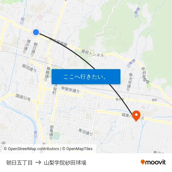 朝日五丁目 to 山梨学院砂田球場 map