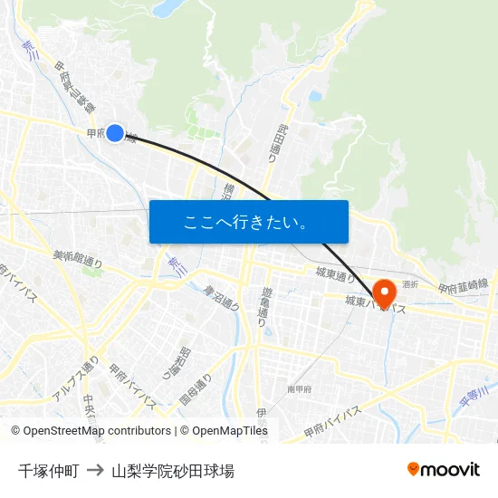 千塚仲町 to 山梨学院砂田球場 map