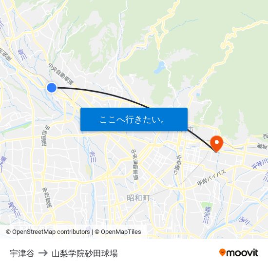 宇津谷 to 山梨学院砂田球場 map