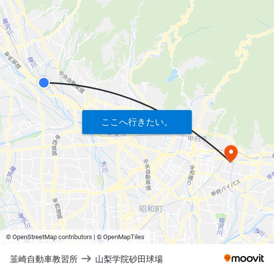 韮崎自動車教習所 to 山梨学院砂田球場 map